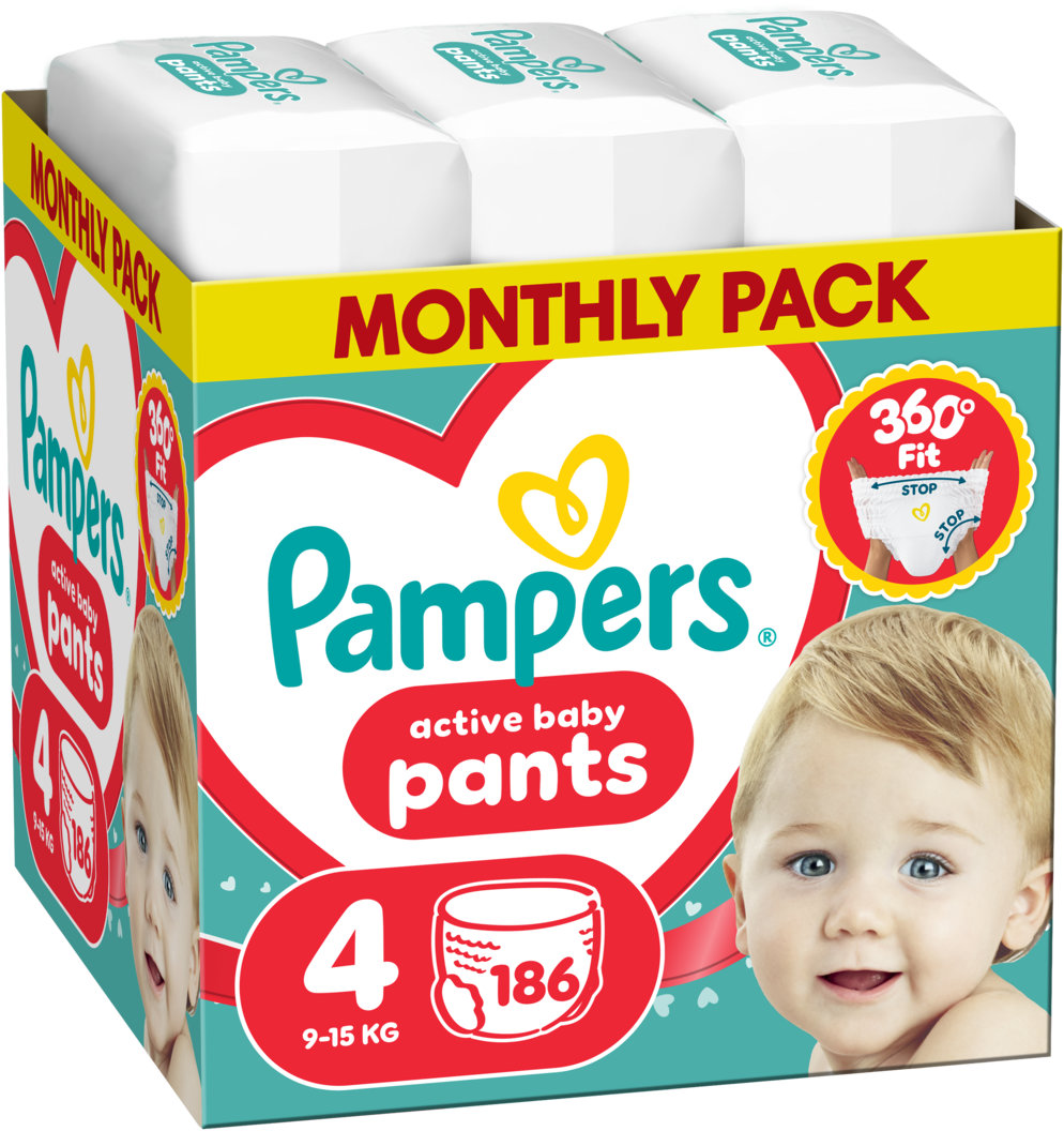 Scutece - chiloțel Pampers Active Baby - Mărimea 4, 9-15 kg, 186 buc
