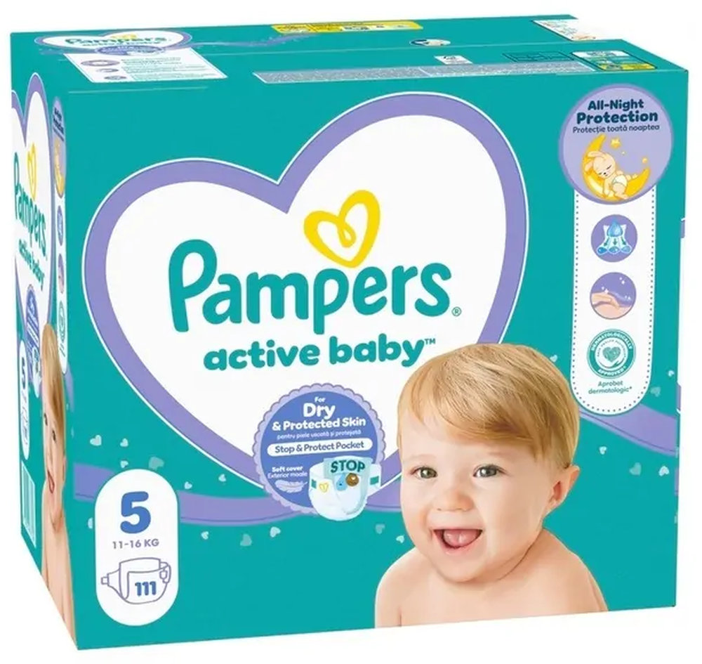 Scutece Pampers Active Baby - Mărimea 5, 11-16 kg, 111 bucăți