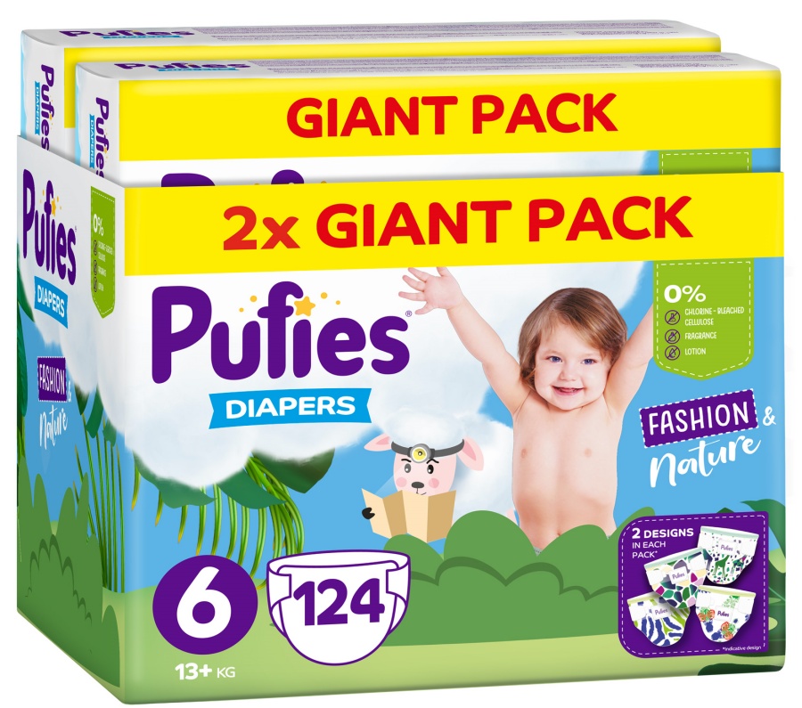 Scutece Pufies Fashion & Nature - Mărimea 6, 124 buc, 13+ kg, Giant Pack x 2