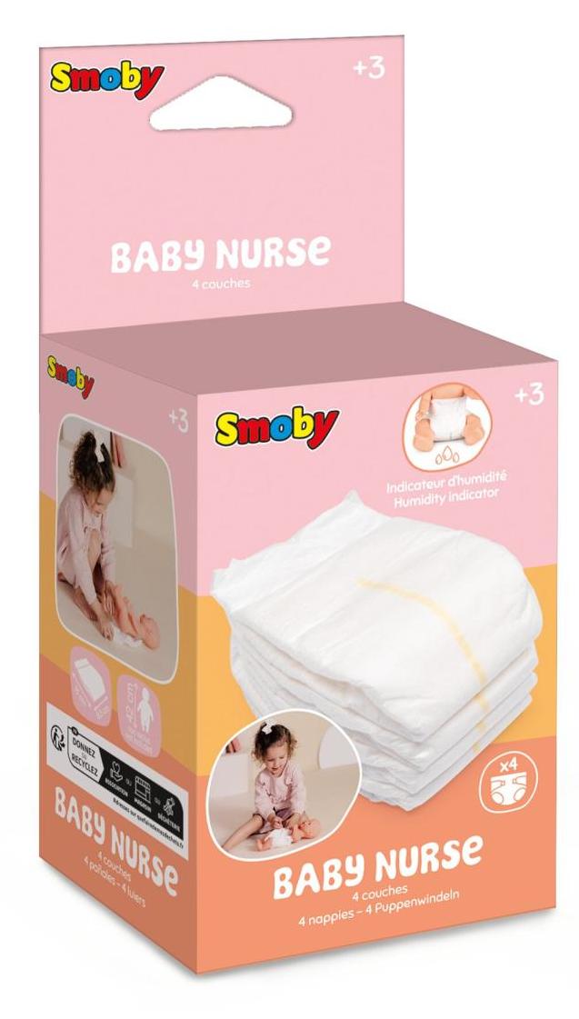 Scutece pentru păpuși Smoby - Baby Nurse, 4 bucăți, pentru păpuși până la 50 cm