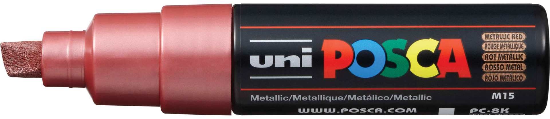 Marker permanent cu un varf tesit Uni Posca - PC-8K, 8 mm, rosu metalic