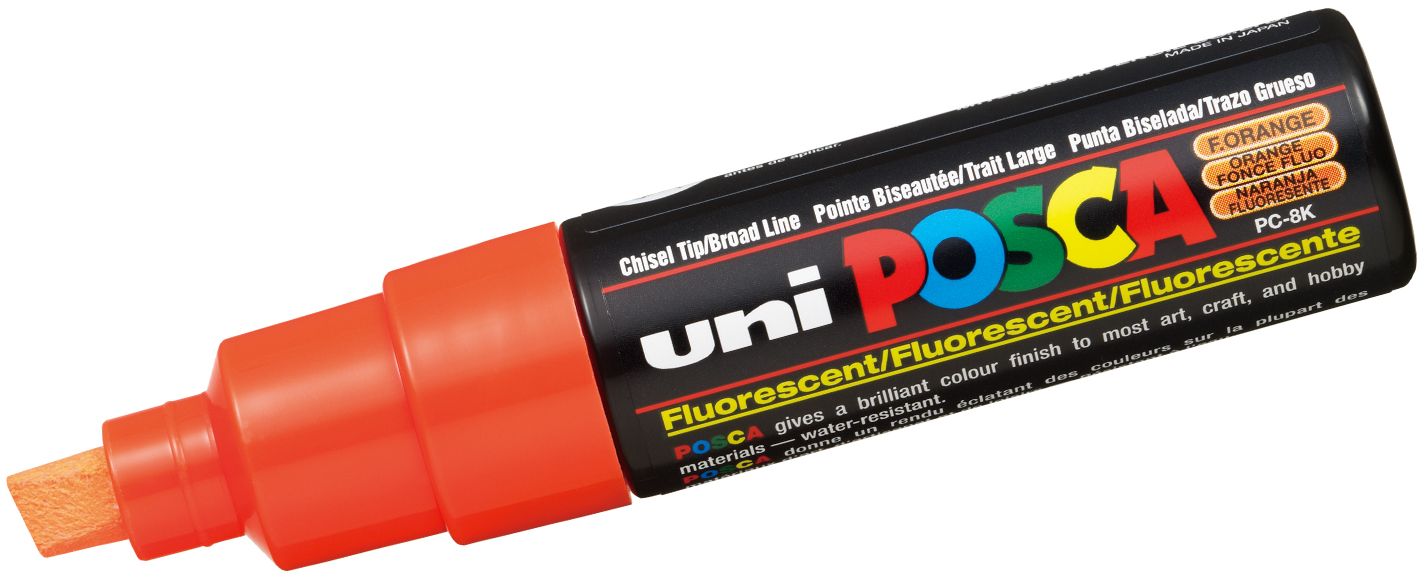 Marker permanent cu un varf tesit Uni Posca - PC-8K, 8 mm, portocaliu fluorescent