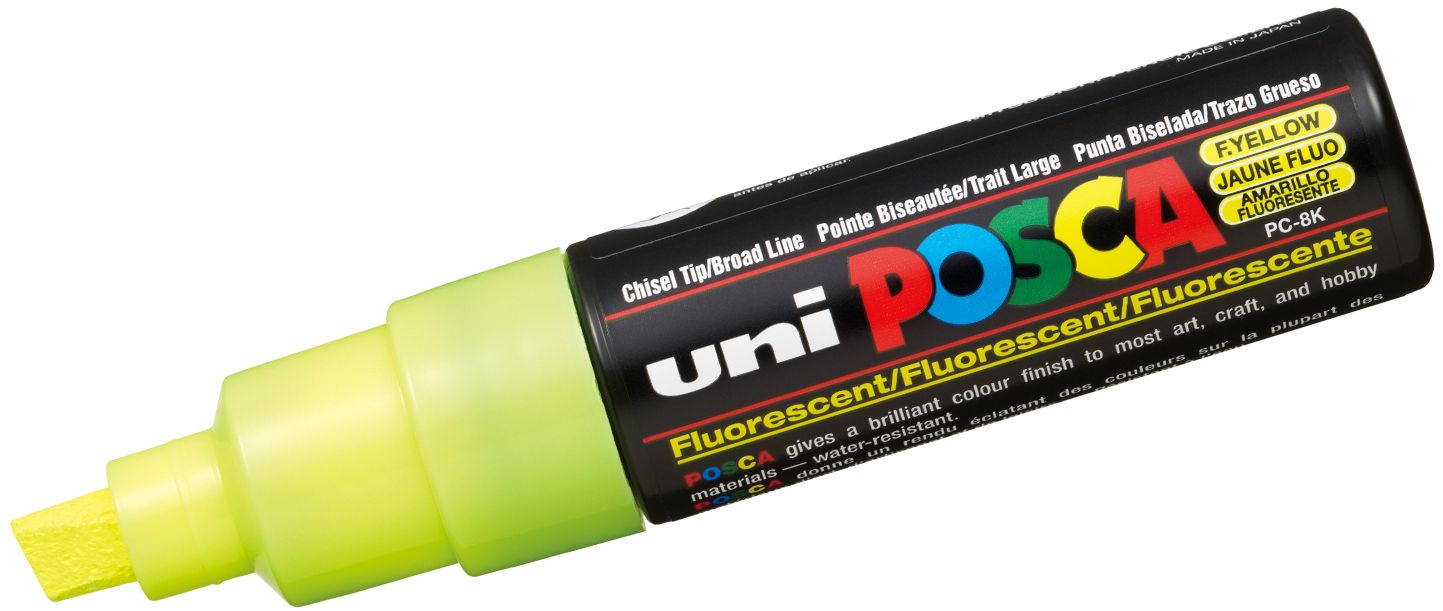Marker permanent cu un varf tesit Uni Posca - PC-8K, 8 mm, galben fluorescent