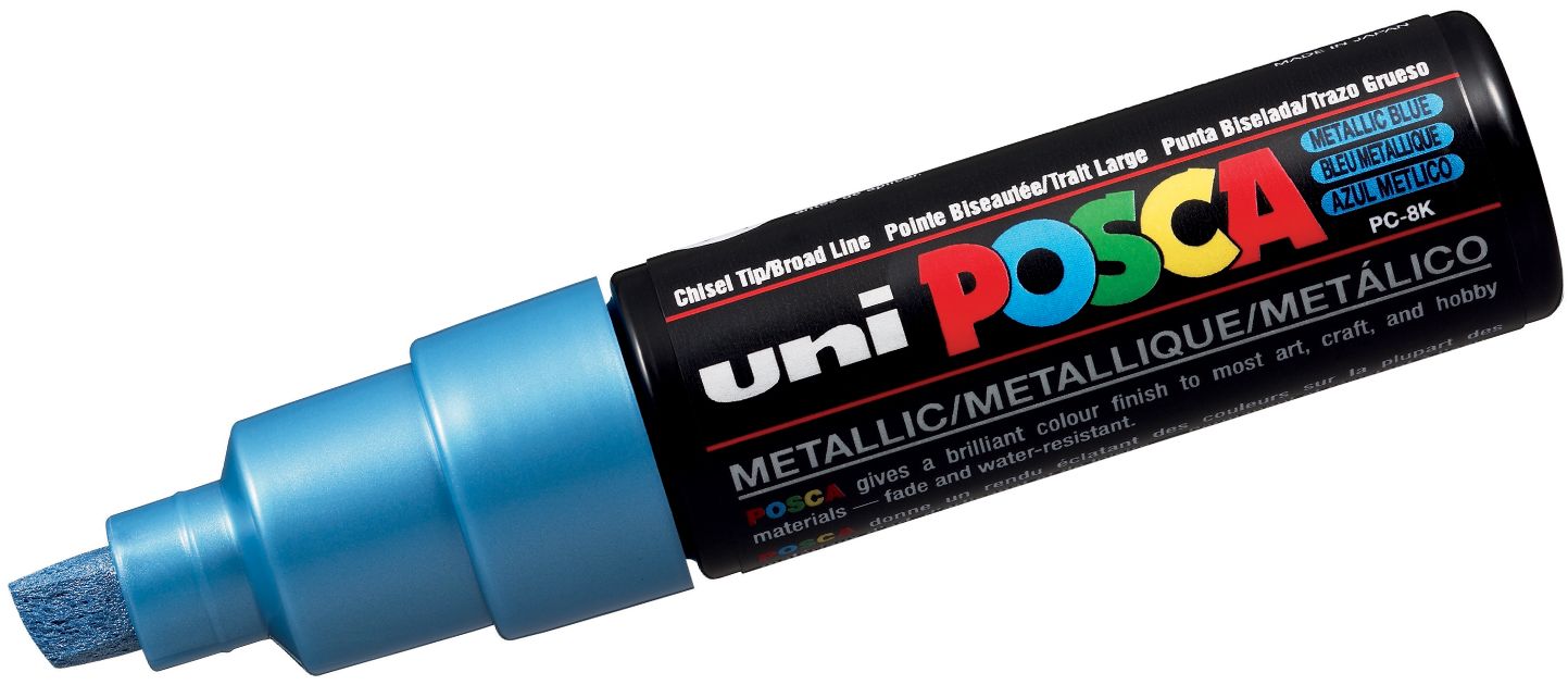 Marker permanent cu un varf tesit Uni Posca - PC-8K, 8 mm, albastru metalic