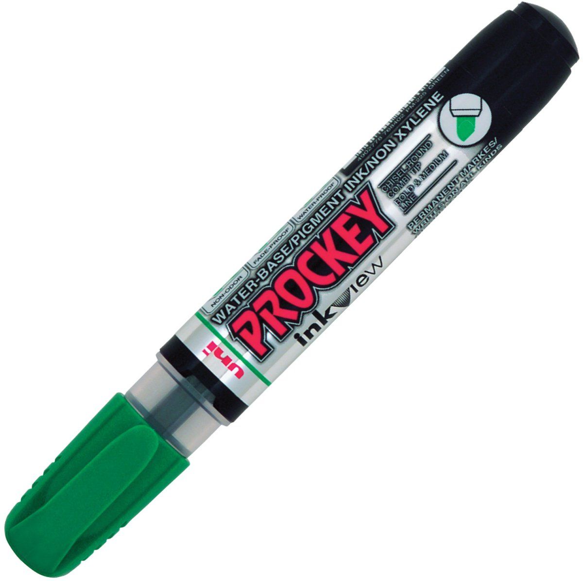Marker permanent Uni Prockey - PM-225F, pe baza de apa, 1,4-2,0 mm si 3,7 mm, verde