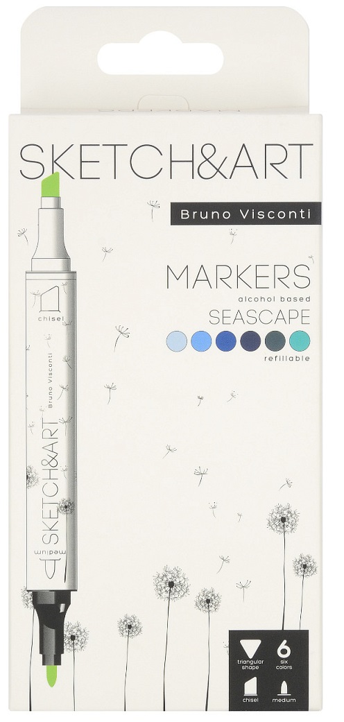 Markere permanente cu două capete Bruno Visconti Sketch&Art - Peisaj marin, 6 culori