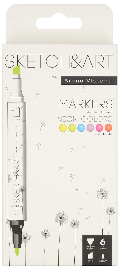 Markere permanente cu două capete Bruno Visconti Sketch&Art - Neon, 6 culori