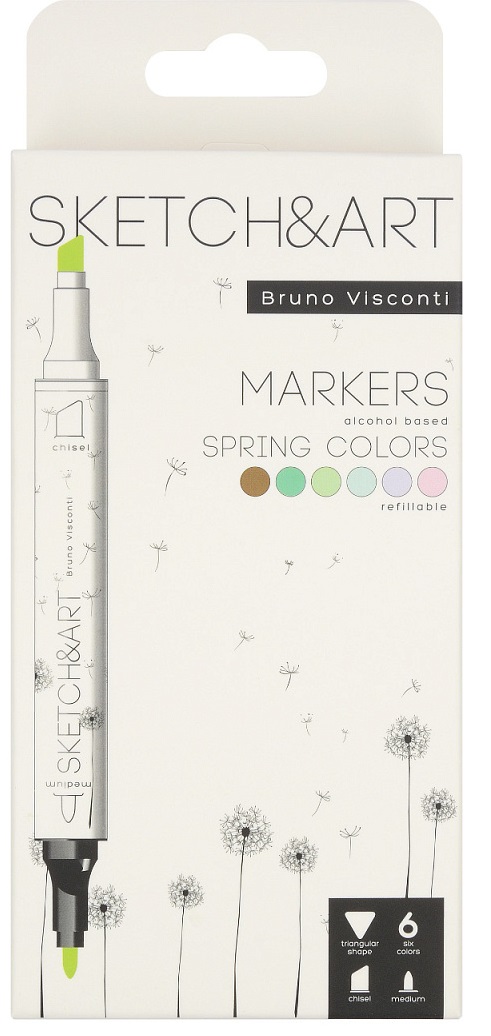 Markere permanente cu două capete Bruno Visconti Sketch&Art - Primăvară, 6 culori
