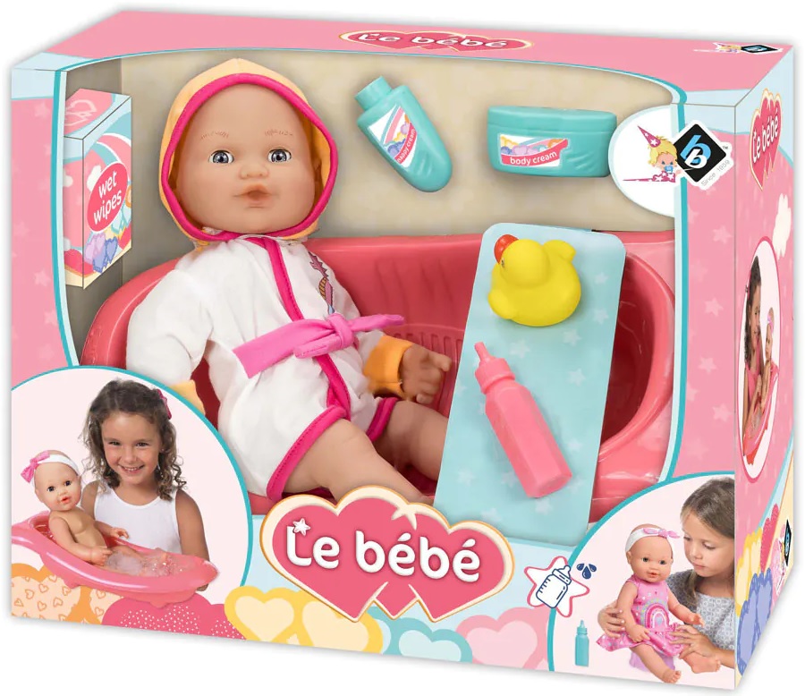 Păpușă bebe care face pipi Loko Toys Le Bebe - Cu halat de baie și cadă, 40 cm
