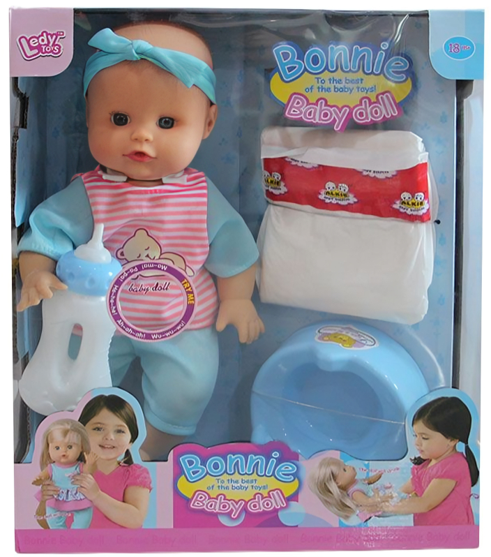 Păpușă-bebe care face pipi Raya Toys - Bonnie, cu accesorii, in albastru
