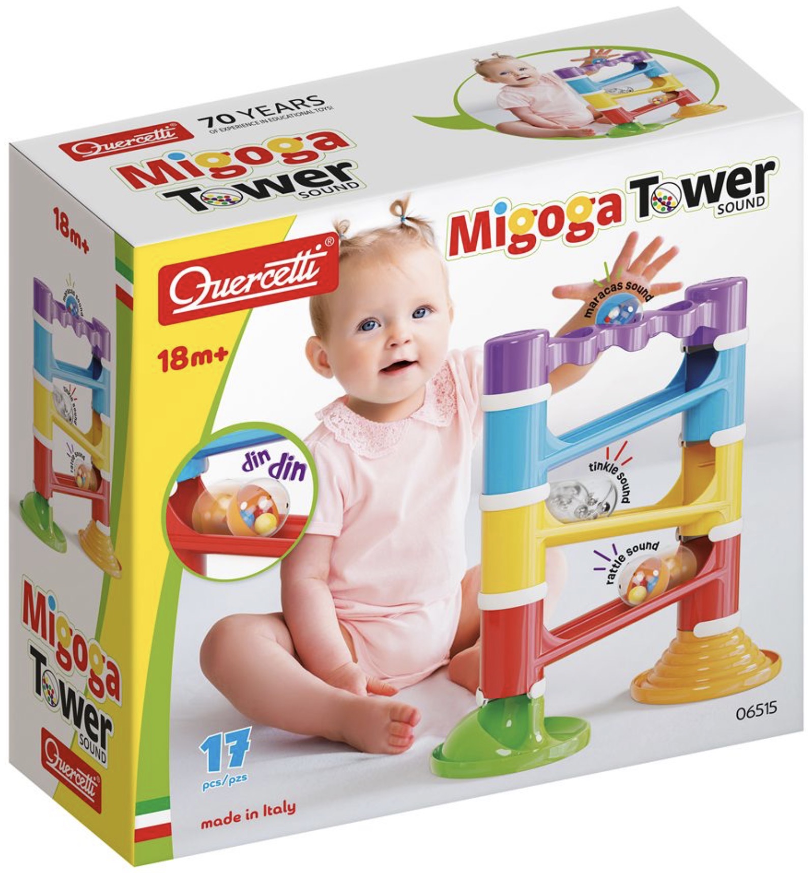 Pistă cu bile zornăitoare Quercetti - Sunete Turn Migoga, 17 piese
