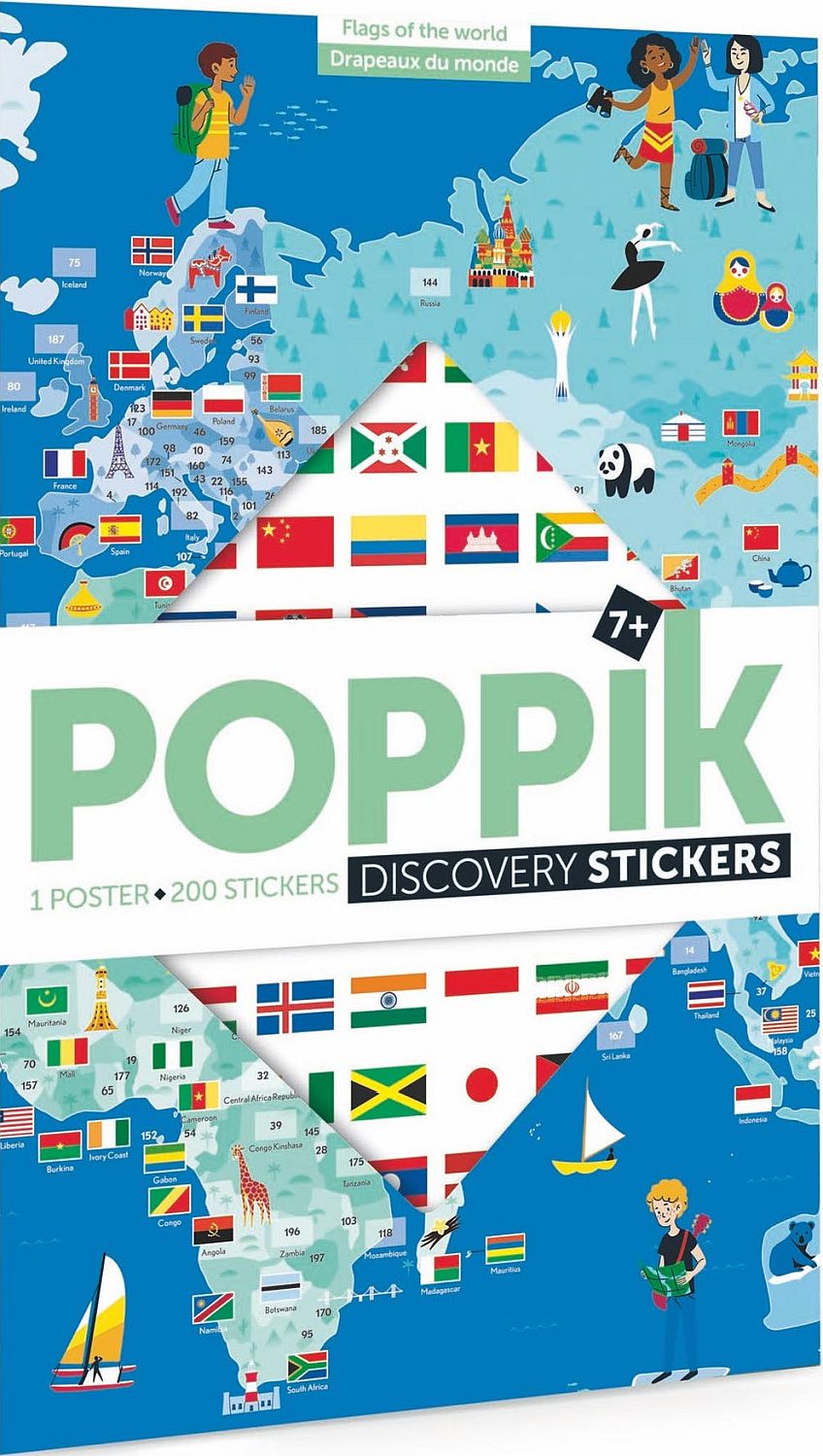 Poster cu stickere Poppik Discovery - Hartă a lumii cu steaguri
