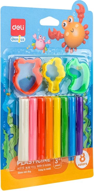 Plastilină Deli Genius - EH715, cu accesorii, 8 culori, 100 g
