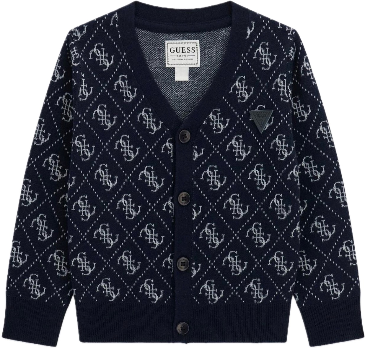 Cardigan tricotat Guess - Cu decolteu în V și nasturi, bleumarin, 3-6 luni