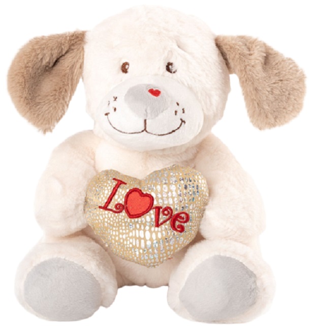 Jucărie de pluș Amek Toys - Câine cu inimă, alb, 24 cm