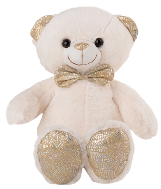Jucărie de pluș Amek Toys - Ursuleț de pluș cu papion auriu, alb, 26 cm
