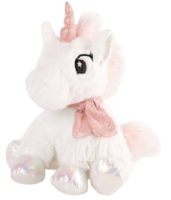 Jucărie de pluș Amek Toys - Unicorn așezat cu eșarfă roz, alb, 25 cm