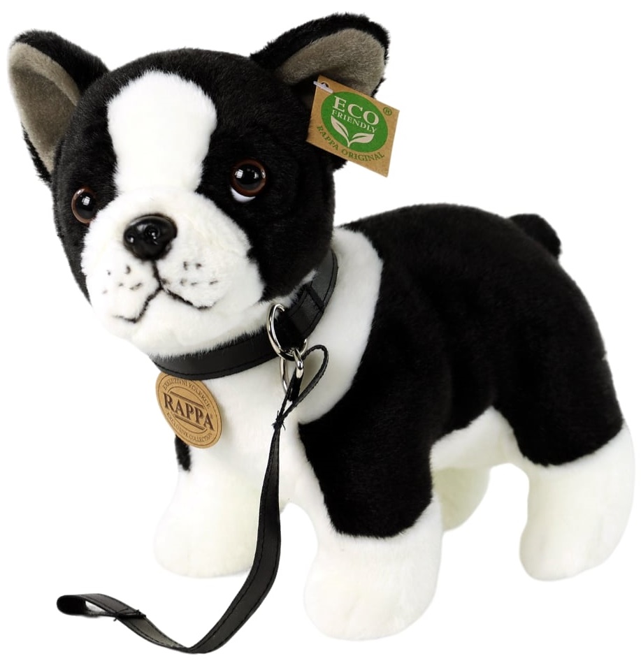 Jucărie de pluș Rappa Eco Friends - Câine Boston Terrier cu lesă, 23 cm