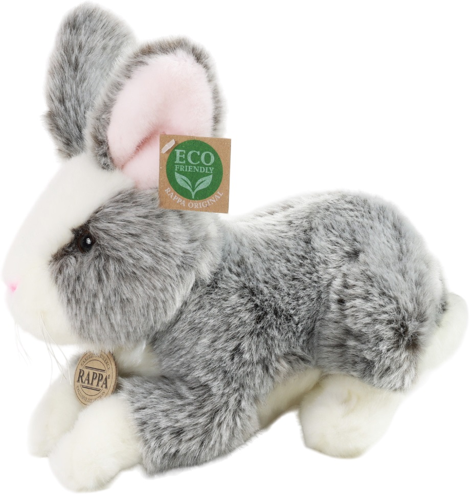 Jucărie de pluș Rappa Eco Friends - Iepuraș gri cu urechi roz, în picioare, 23 cm