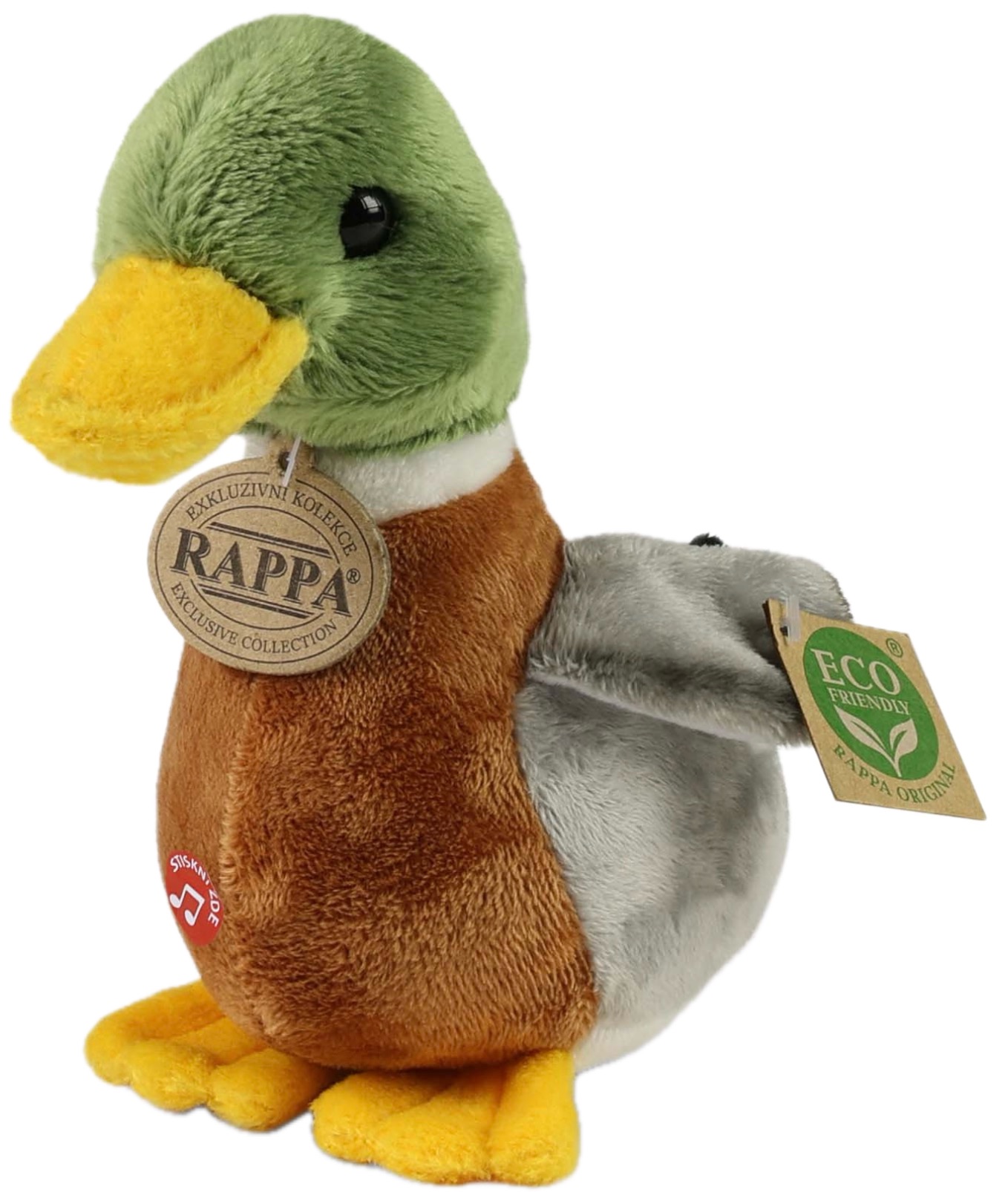 Jucărie de pluș  Rappa Prieteni eco  - Rață cu cap verde și sunet, 22 cm