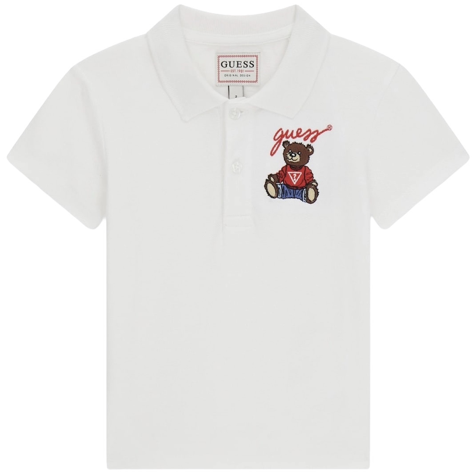 Tricou polo Guess - Cu ursuleț brodat, alb, 18 luni