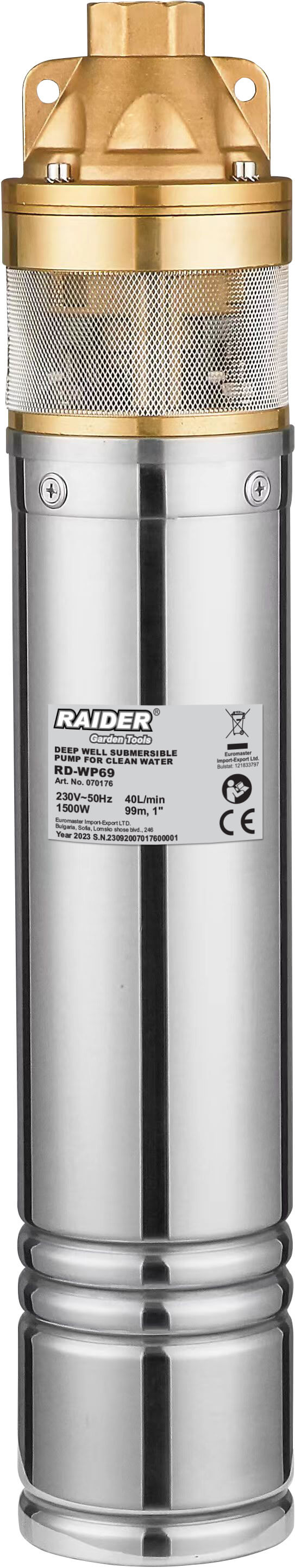 Pompă submersibilă pentru puțuri adânci, pentru apă curată, Raider - RD-WP69, 1500W, 1'', 40l/min, 99 m