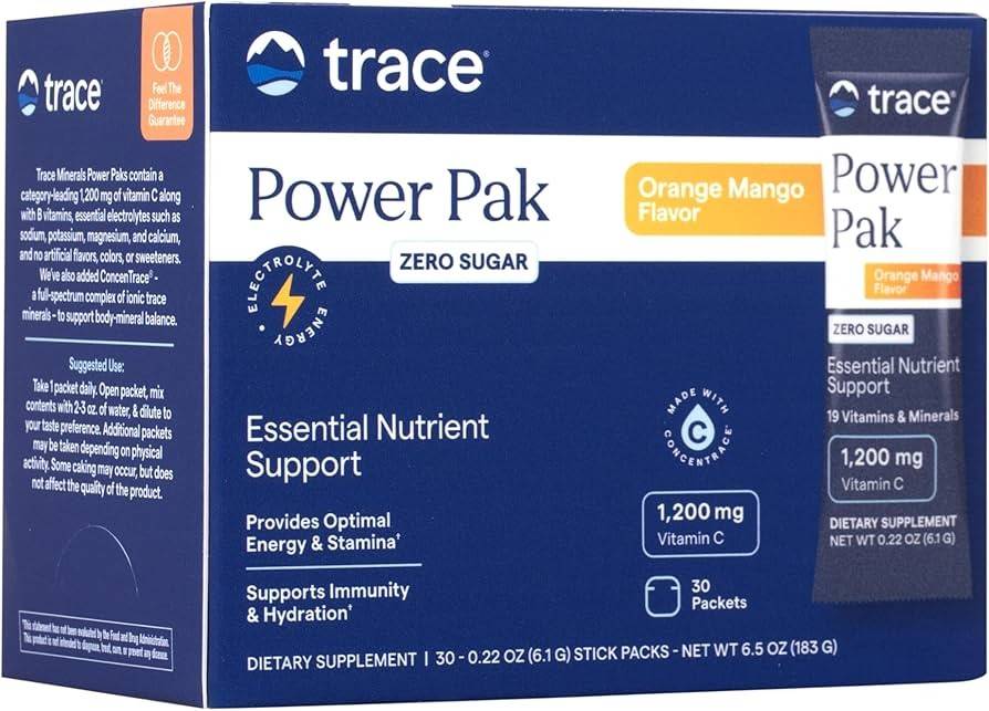 Power Pak Zero Sugar, portocală și mango, 30 plicuri, Trace Minerals
