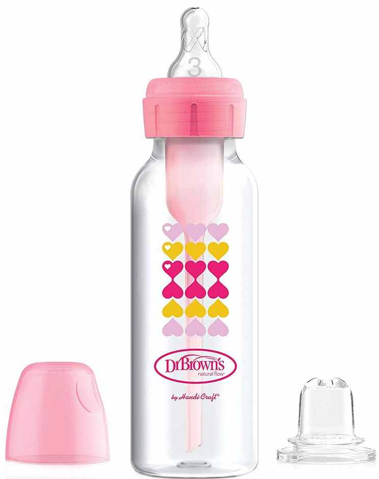 Biberon de tranziție Dr. Brown's Options+ - Narrow-Neck, 250 ml, Roz cu inimi