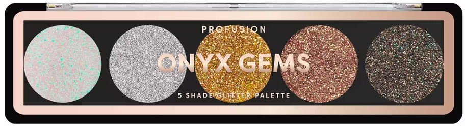 Profusion Cosmetics Paletă de farduri de pleoape cu sclipici Onyx Gems, 5 culori