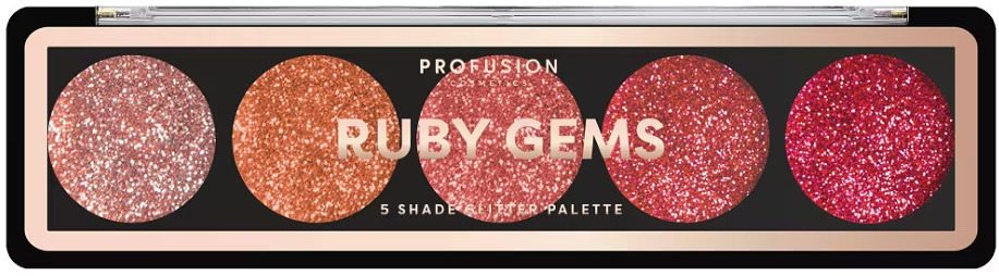 Profusion Cosmetics Paletă de farduri de pleoape cu sclipici Ruby Gems, 5 culori