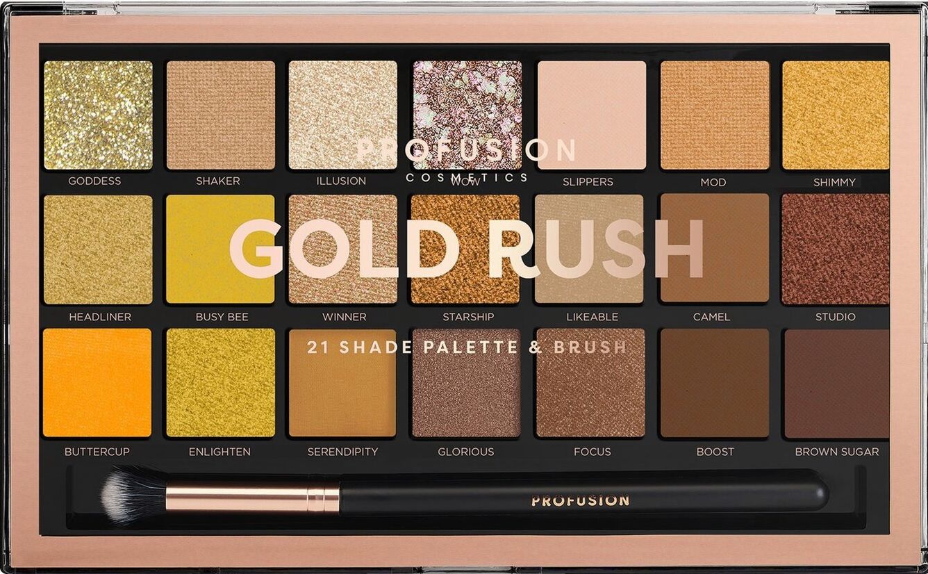 Profusion Cosmetics Paletă de farduri de pleoape Gold Rush, 21 culori