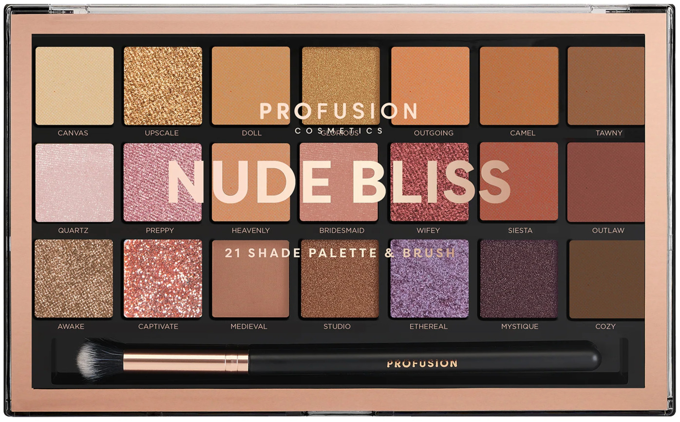 Profusion Cosmetics Paletă de farduri de pleoape Nude Bliss, 21 culori