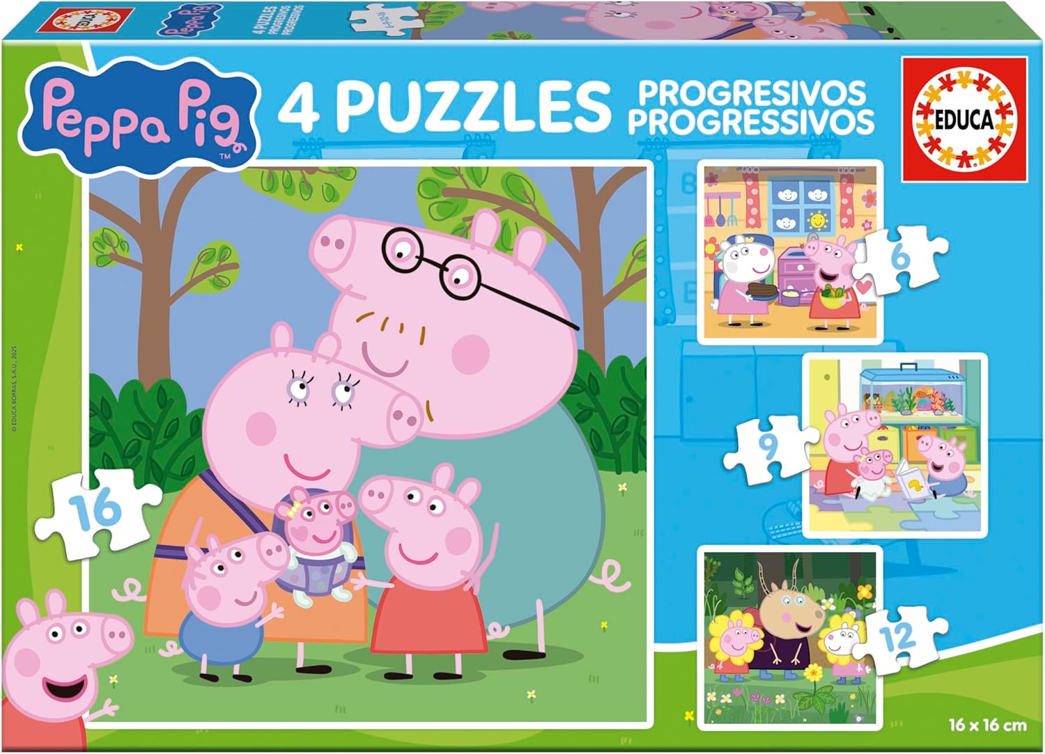 Puzzle progresiv Educa 4 în 1 - Familia și prietenii porcușorului Peppa