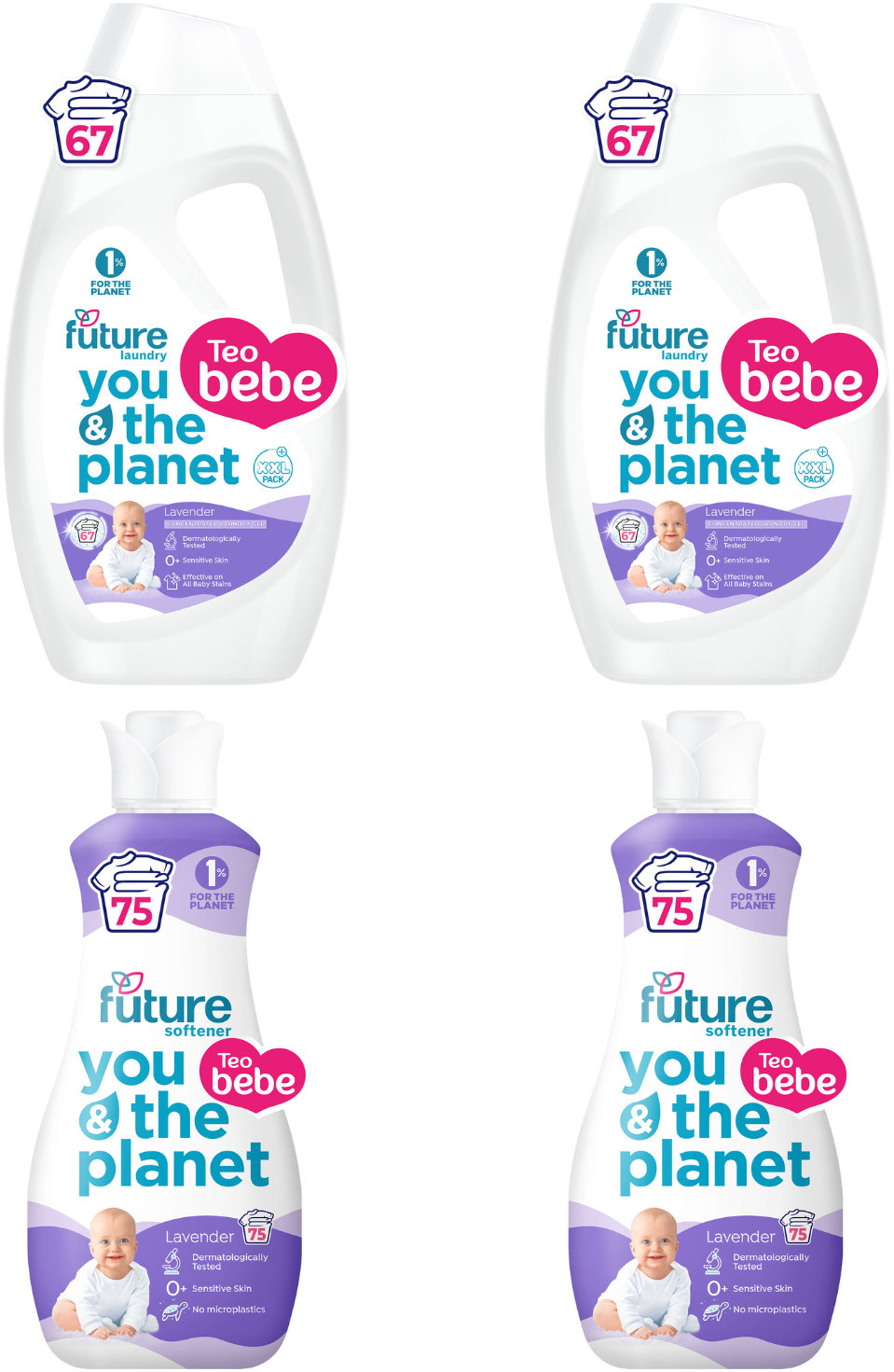 Pachet promo 3 + 1 Future baby - Gel concentrat pentru spălare cu lavandă, 2 x 2.7 l + Balsam de rufe cu lavandă, 2 x 1.5 l
