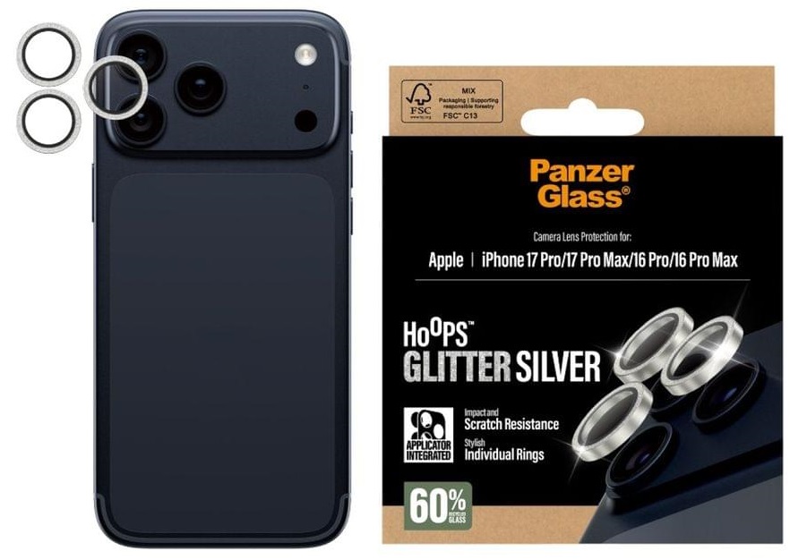 Protector pentru cameră PanzerGlass - Hoops, iPhone 17 Pro/17 Pro Max/16 Pro/16 Pro Max, Glitter Silver