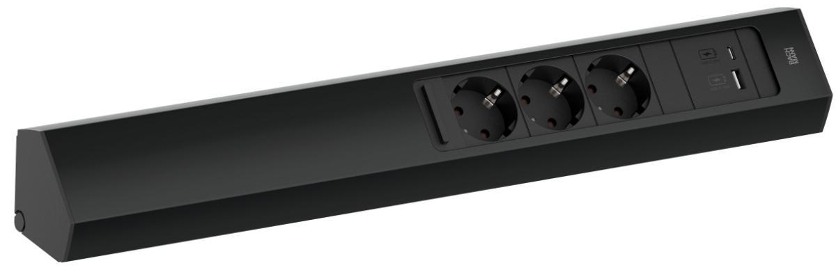Prelungitor Bachmann - CASIA 2, 3x Schuko, USB A+C, 2 m, negru