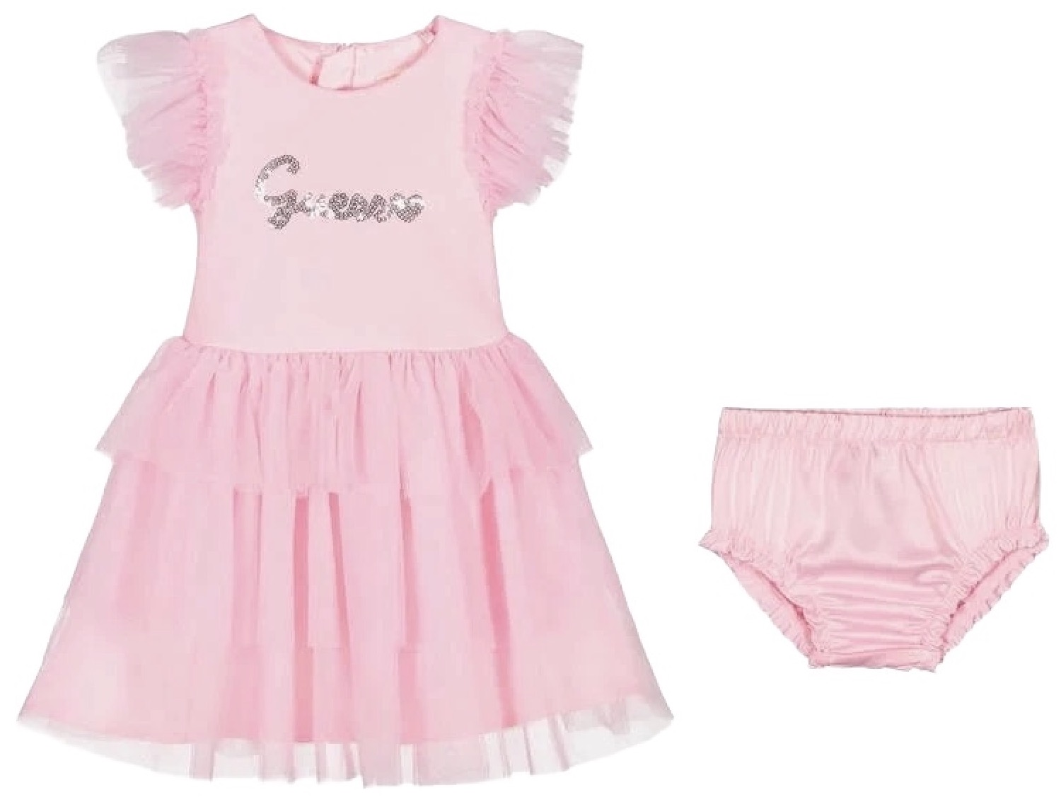 Rochie cu mânecă scurtă Guess - Cu chiloți și tul, roz, 18 luni