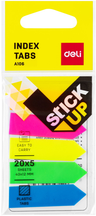Indici autoadezivi Deli - Arrow, 43 x 12 mm, 5 x 20 foi, neon
