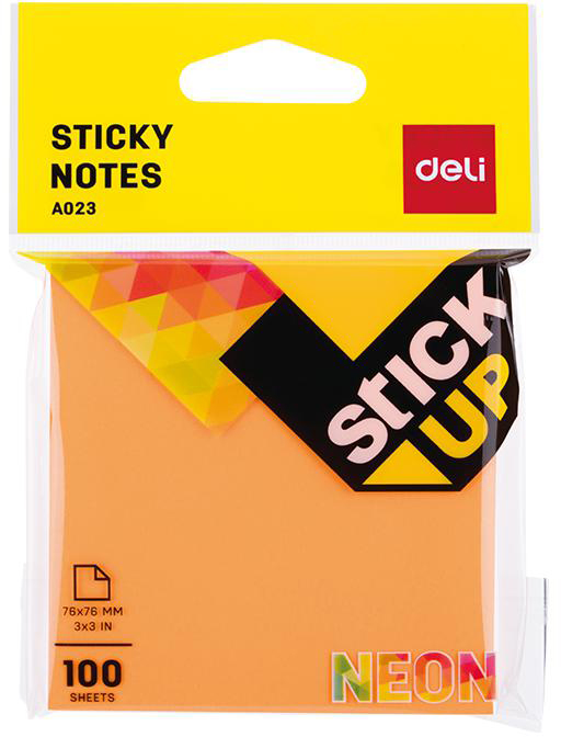 Note lipicioase Deli - 76 х 76 mm, 100 foi, neon, portocaliu