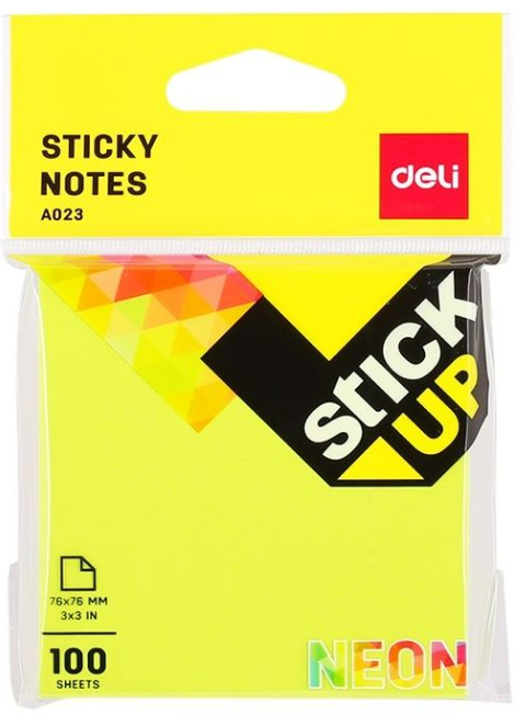 Note lipicioase Deli -  76 х 76 mm, 100 foi, neon, galben