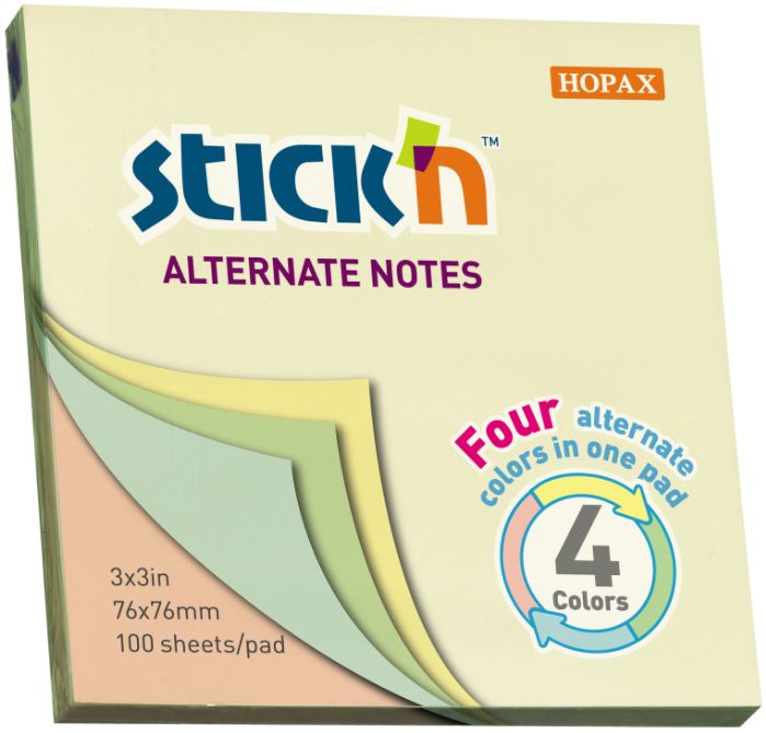 Notite adezive Stick'n - Alternate, 76 x 76 mm, 4 culori neon, 100 file