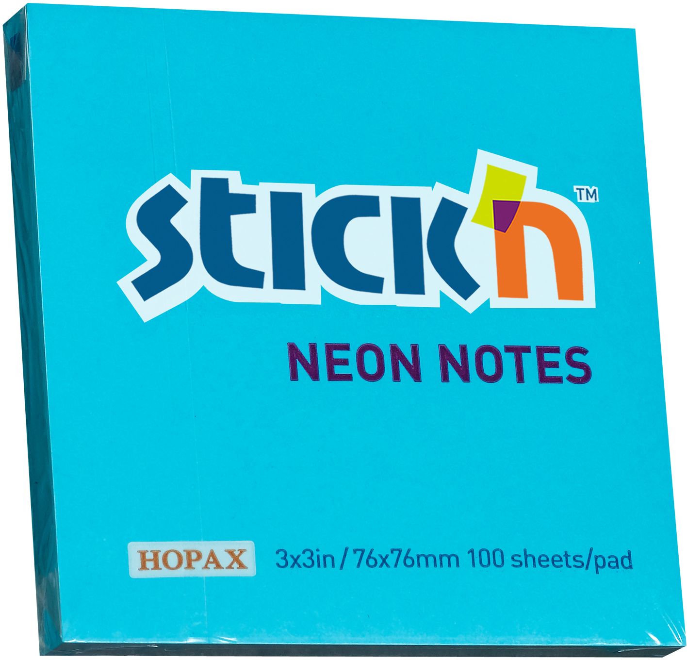 Notite adezive Stick'n - 76 x 76 mm, albastru neon, 100 file