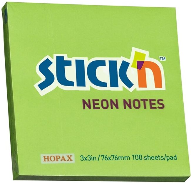 Notite adezive Stick'n - 76 x 76 mm, verde neon, 100 file