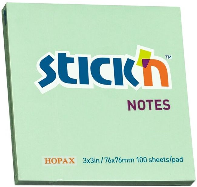 Notite adezive Stick'n - 76 x 76 mm, verde pastel, 100 file