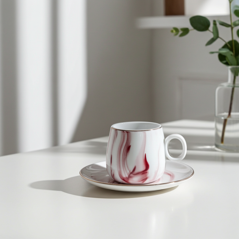 Serviciu de cafea Morello - Marble, 6 cești cu farfurii, 100 ml, Pink
