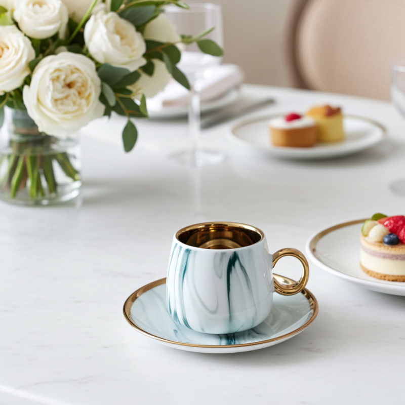 Serviciu de cafea Morello - Marble, 6 cești cu farfurii, 100 ml, Blue & Gold