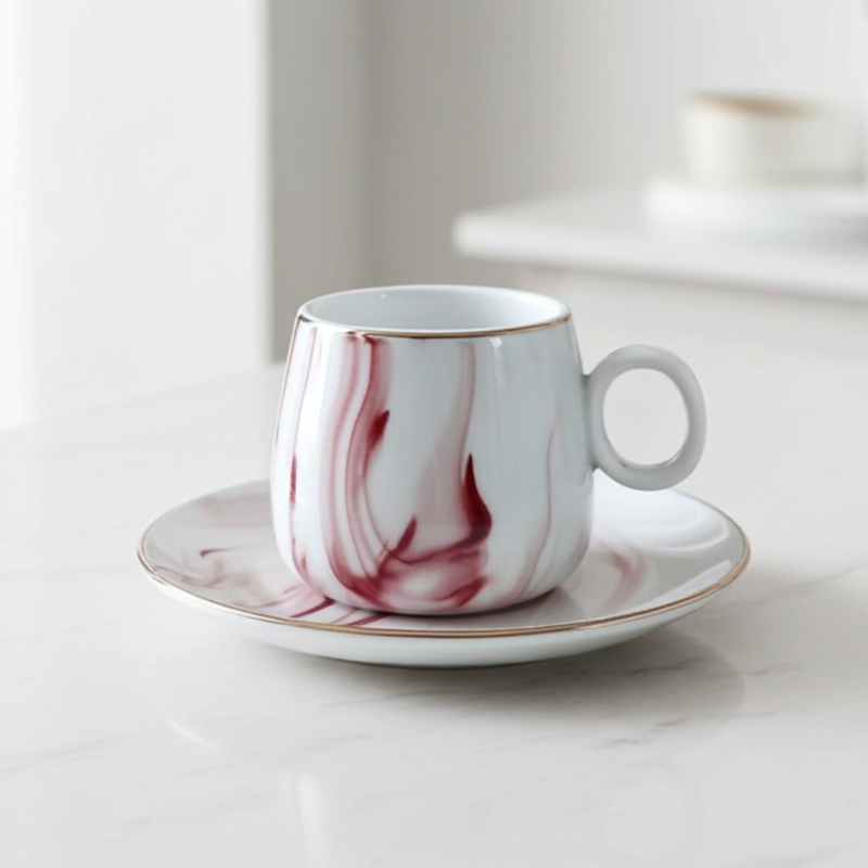 Set de cafea Morello - Marble, 6 cești cu farfurii, 200 ml, roz
