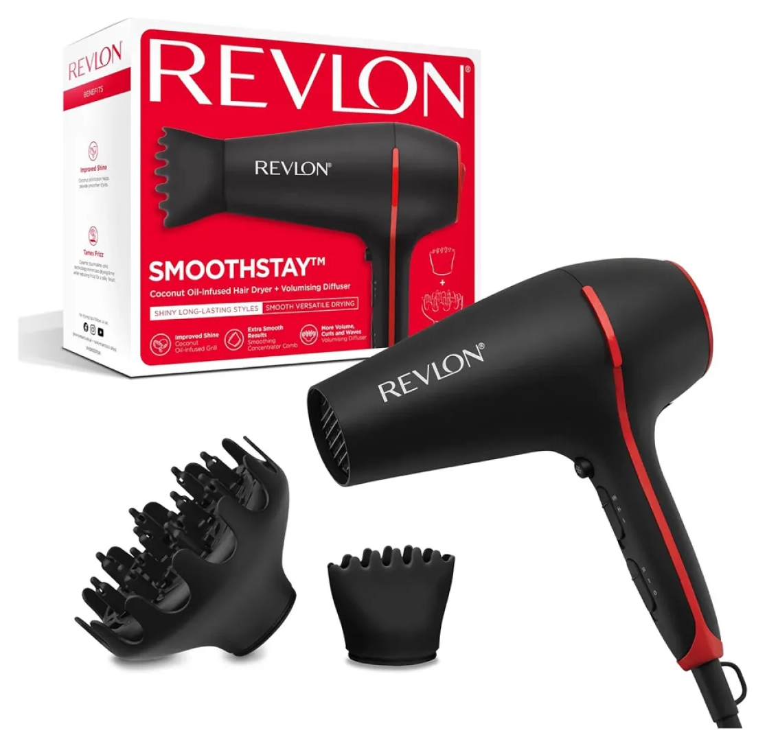 Uscător de păr Revlon - Smoothstay, RVDR5317E, 2000 W, ionizant, negru/roșu