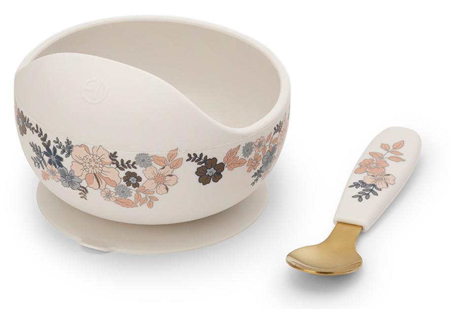 Set de hrănire din silicon Elodie - Bol și lingură, Blue Garden