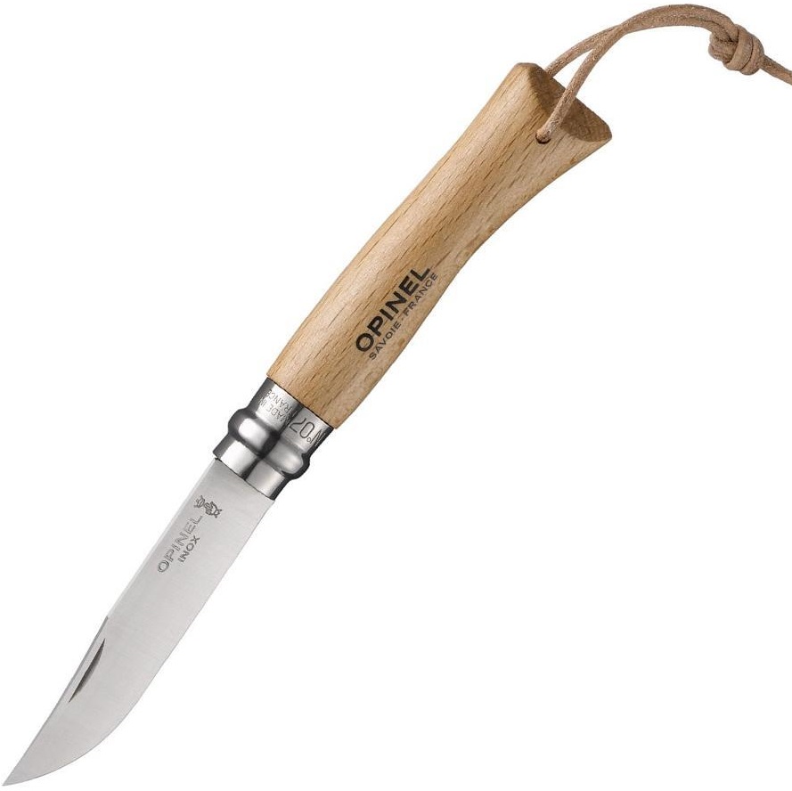Cuțit pliabil Opinel Inox - 8 cm, fag, cu curea din piele